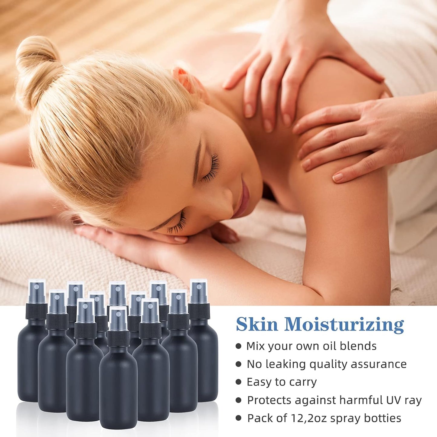 2oz Glass Spray Bottle, Fine Mist Boston Glass Bottles with Black Fine Mist Sprayer Small Clear Bottles for Essential Oils, Bath, Beauty, Hair & Cleaning, Black, Pack of 12