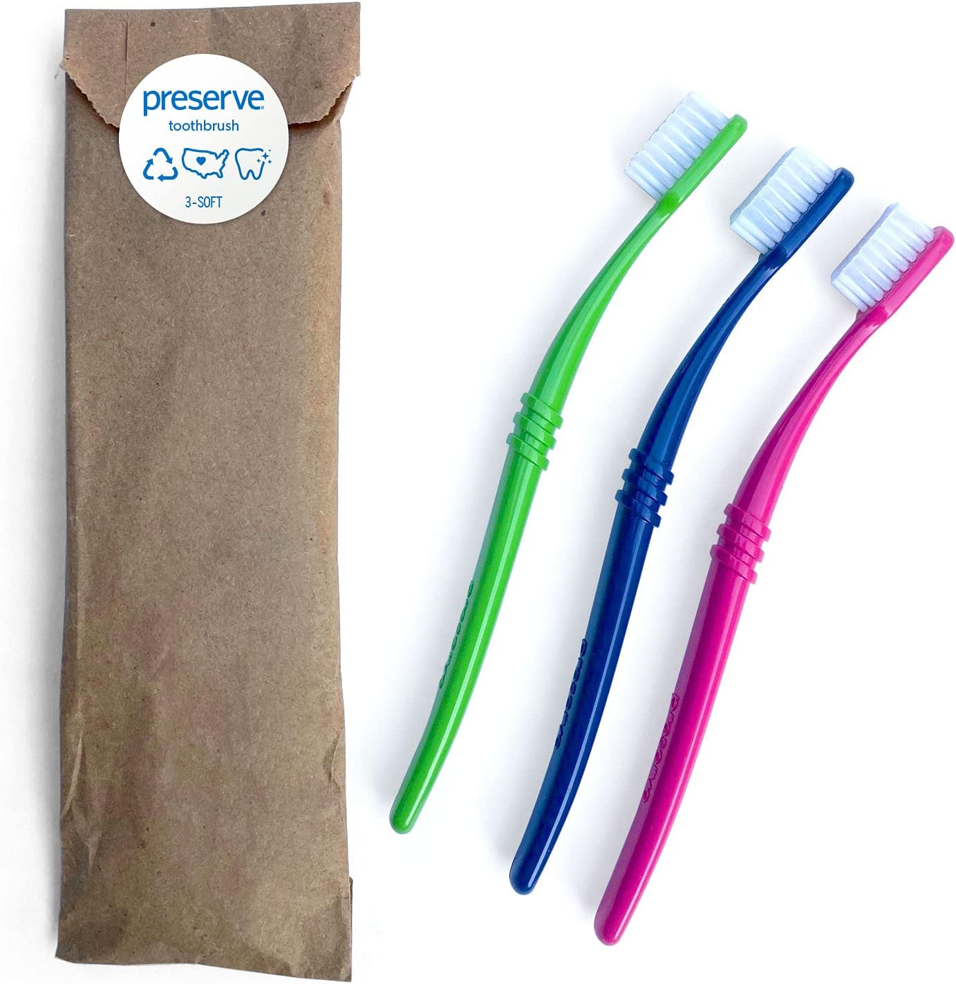 Preserve Eco Friendly Adult Toothbrushes, Made in The USA from Recycled Plastic, Lightweight Paper Packaging, Soft Bristles, Colors Vary, 3 Count