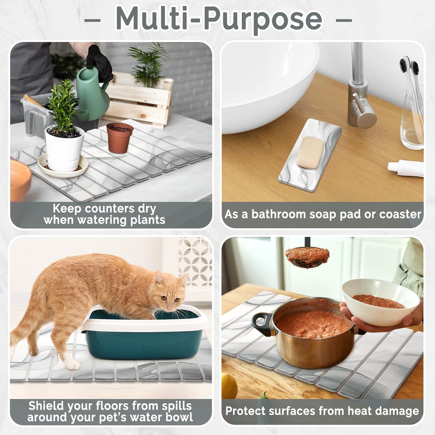 2 PCS Large Stone Dish Drying Mat for Kitchen Counter,Quick Dry Stone Dishes Mats,Marbled Water Absorbing Diatomaceous Earth Drying Pad for Countertop Bottles Utensils Cups(Black White 24"×16"&8"x4")