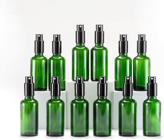 YIZHAO Green Glass Spray Bottles 2oz, with Small Fine Mist Spray, Metal Cap, Refillable for Essential Oil,Travel,Cleaning,Perfume,Aromatherapy,Makeup – 12 Pcs