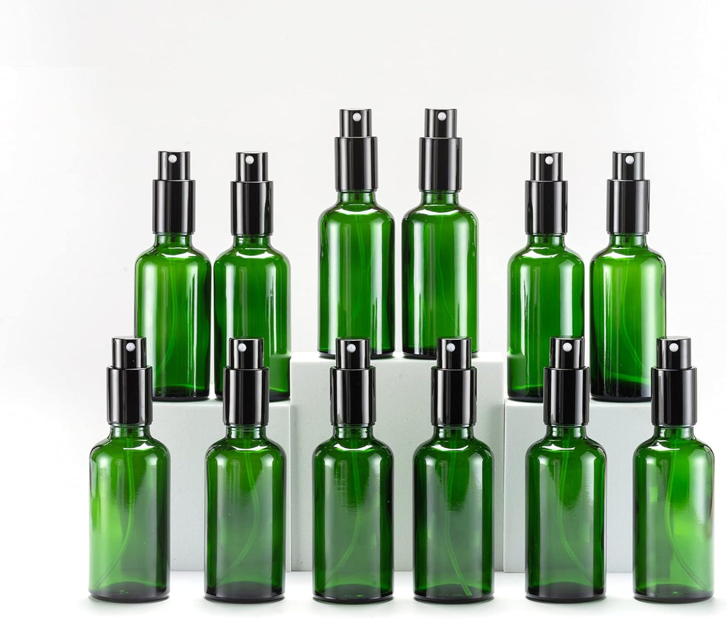 YIZHAO Green Glass Spray Bottles 2oz, with Small Fine Mist Spray, Metal Cap, Refillable for Essential Oil,Travel,Cleaning,Perfume,Aromatherapy,Makeup – 12 Pcs