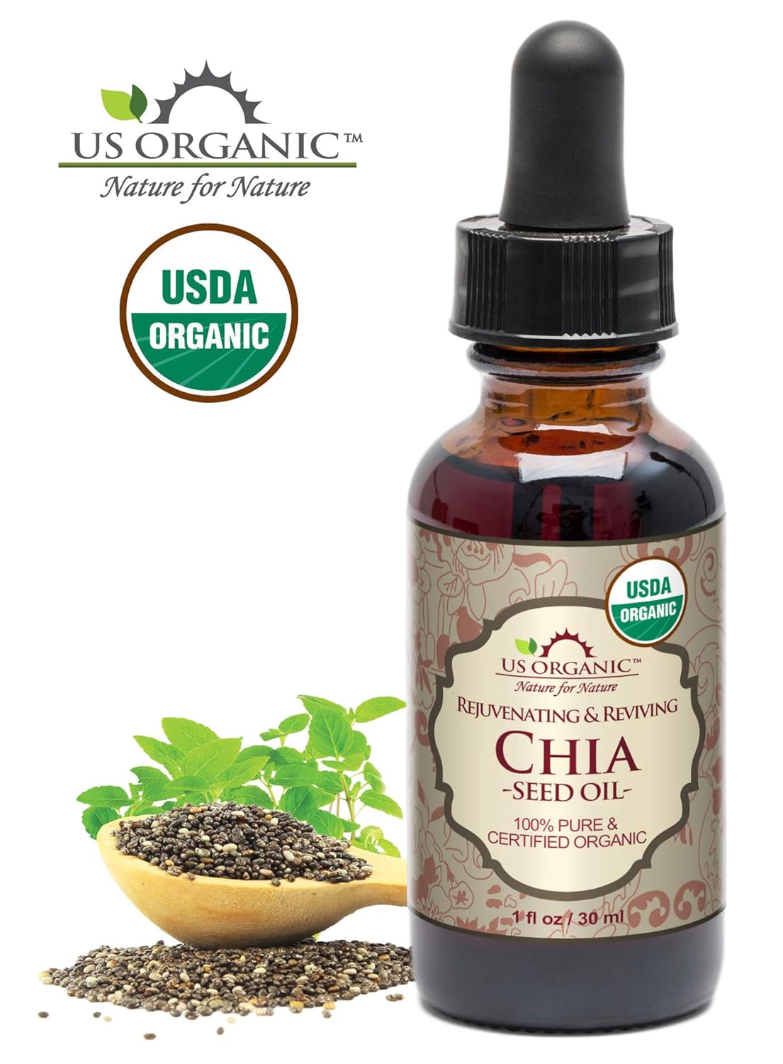 US Organic Chia Seed Oil, Certified Organic, Pure & Natural, Cold Pressed Virgin, Unrefined, Sourced from Paraguay, in Amber Glass Bottle w/Glass Eyedropper (1 oz (30 ml))
