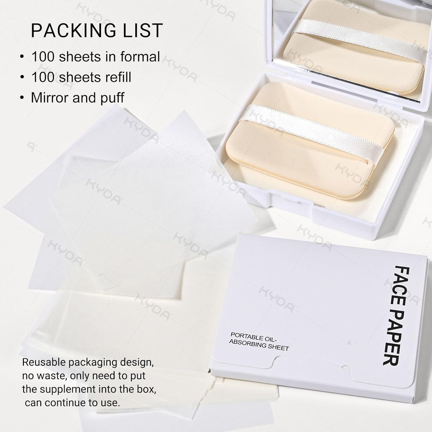 KYDA 200 Sheets Face Oil Blotting Paper, Included Refills, Mirror and Puff, Oil Absorbing Sheets for Makeup, Oil Control Shine, Absorb Excess Oil, Travel Size Gentle Face Makeup, Gardenia