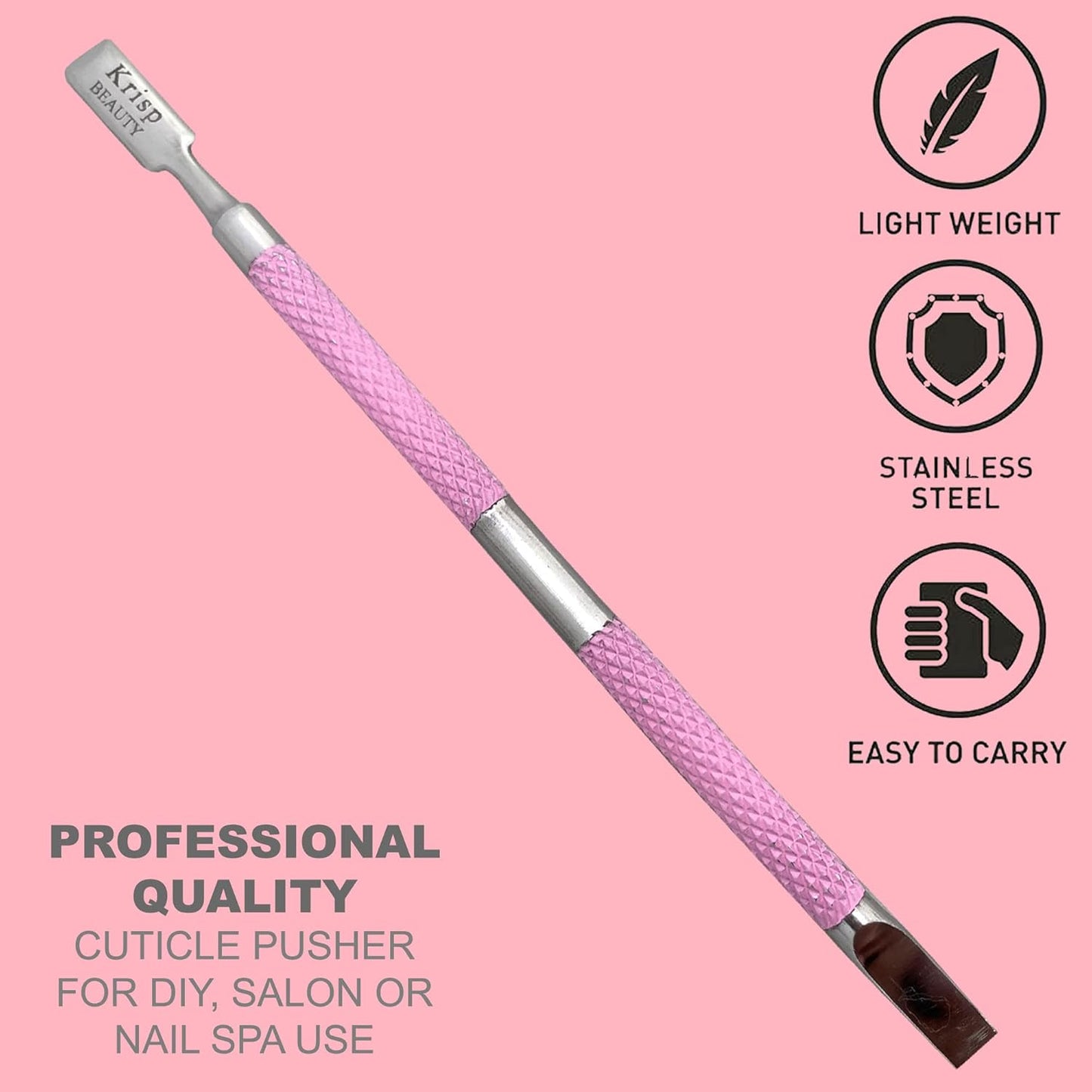 Cuticle Pusher Tool - Dual Sided Sharp Edge Spoon Shaped Double Ended Cuticle Pusher Remover Cuticle Cleaner Stainless Steel Manicure Pedicure Nail Art Care Tools Set 1 Pc By Krisp Beauty (Pink)