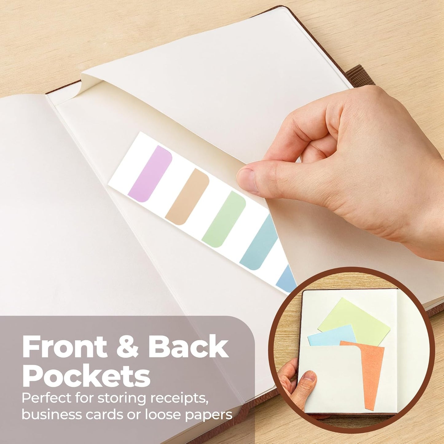 Classic Lined Journal Notebook 8.5x11" A4 Hardcover Leather - Brown - 200 Pages College Ruled Large with Sticky Tabs, Pockets, and Pen Loop for Writing and Journaling - Big Hardback Men and Women