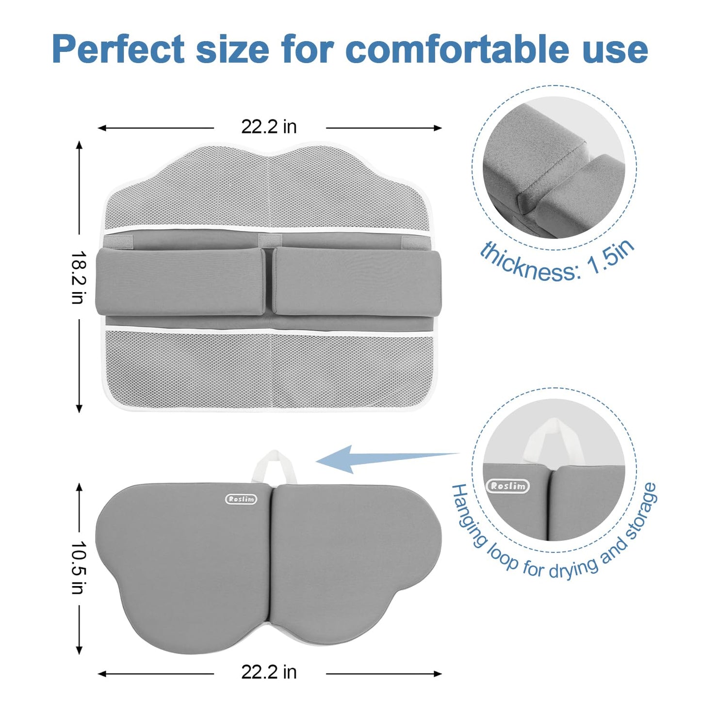 Roslim Bath Kneeler and Elbow Rest Pad Set - Quick Dry Soft Bath Mat Bundle - Non-Slip Durable Foam Kneeling Pads for Bathing, Tub Arm Rest with Toy Storage Pockets - Machine Washable, Grey