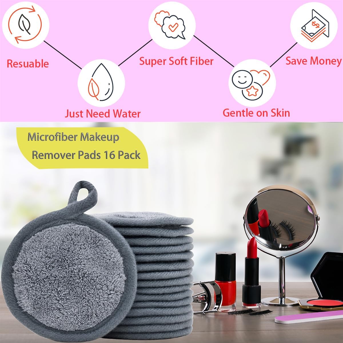 Reusable Makeup Remover Pads 16 Pack Microfiber Cleansing Facial Rounds Wipes Face, Eyes, Lips(3.5inch, grey)