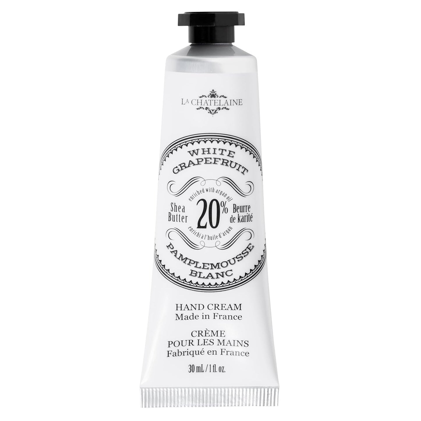 La Chatelaine 20% Shea Butter Hand Cream Travel Size, Organic Argan Oil, Moisturizing, Nourishing, Repairing, Extra-Rich Hand Lotion, Made in France, Paraben Free, 1 oz / 30ml (White Grapefruit)