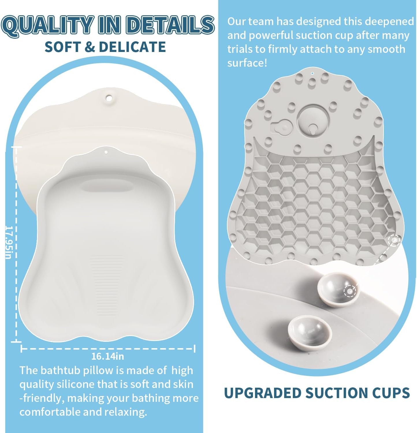 Silicone Bath Pillow for Tub – Ergonomic Bathtub Headrest with Inflatable Air Cushion, Non-Slip Suction Cups & Neck/Back Support – Comfortable Spa Bath Accessory for Relaxation (Cream White)