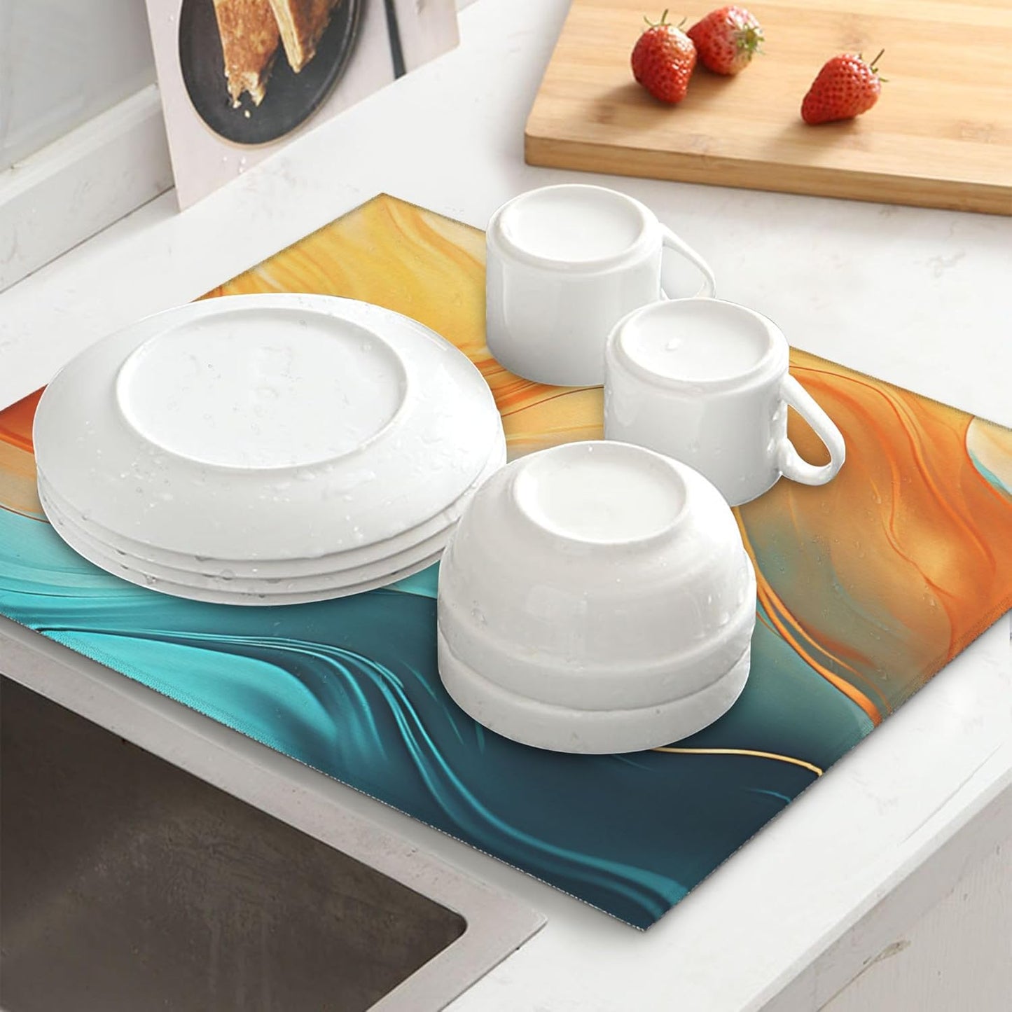 Orange Teal Marble Dish Drying Mat for Kitchen Counter Washable Absorbent Reversible Microfiber Modern Drying Pad Kitchen Accessories 16x18 Inch