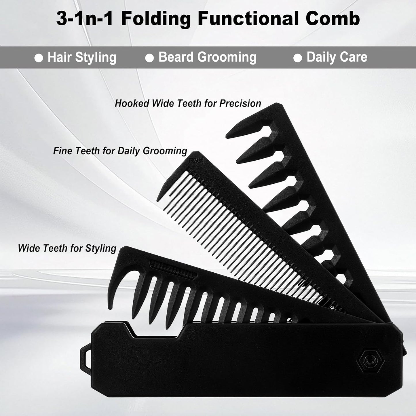 Protable Pocket Comb for Men, 3 In 1 Folding Comb, Fine Tooth and Wide Tooth Small Combs for Everyday Grooming, Combing Hair, Beards and Mustaches (Black, Plastic)