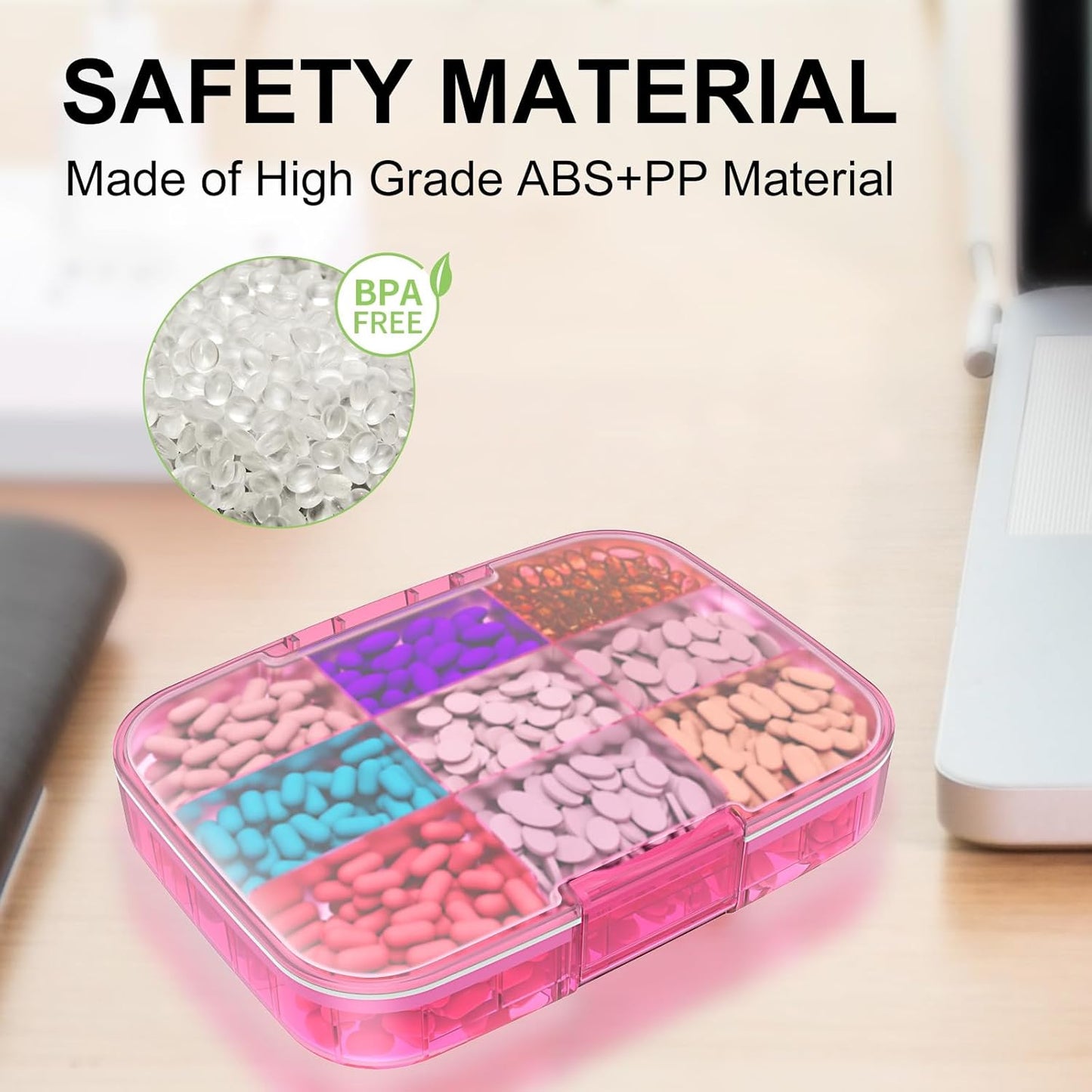 Restree Large Pill Organizer, Moisture Proof & Waterproof Travel Pill Case, Portable Medication Box with Adjustable Dividers for Vitamins Supplements Fish Oil and Daily Pills 9 Compartments (Pink)