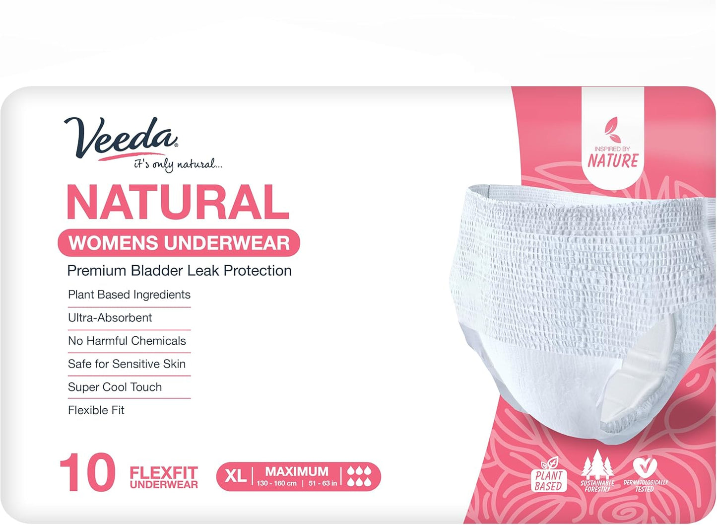 Veeda Natural Adult Incontinence Underwear for Women - Postpartum Underwear for Bladder Leakage Protection - Disposable Underwear with Maximum Absorbency - X-Large Size - 10 Count