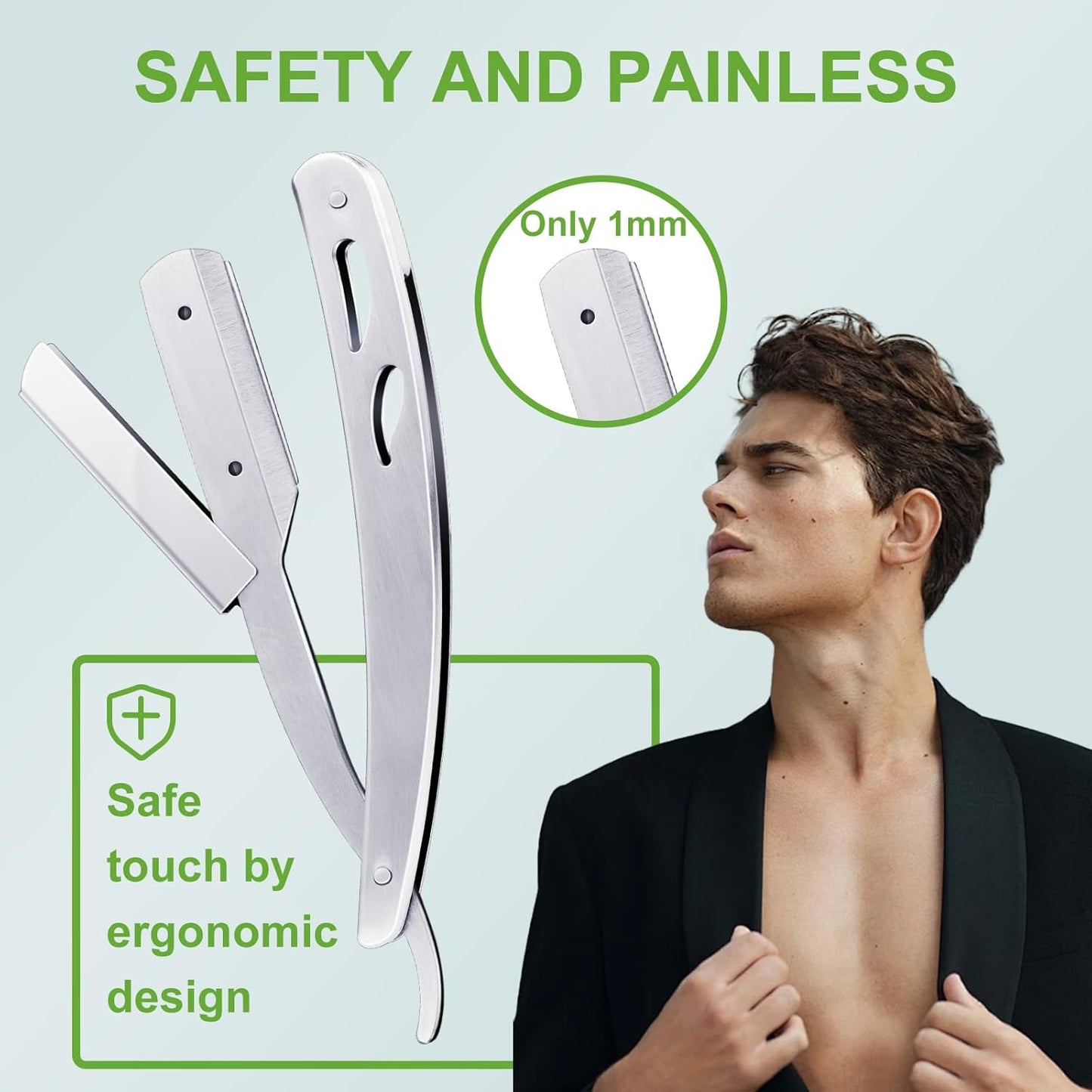 Straight Razor for Men, IKOCO Black Straight Edge Razor Kit with 20PCS Barber Shaving Blades, Leather Case, Scissor, Tweezer, Silver