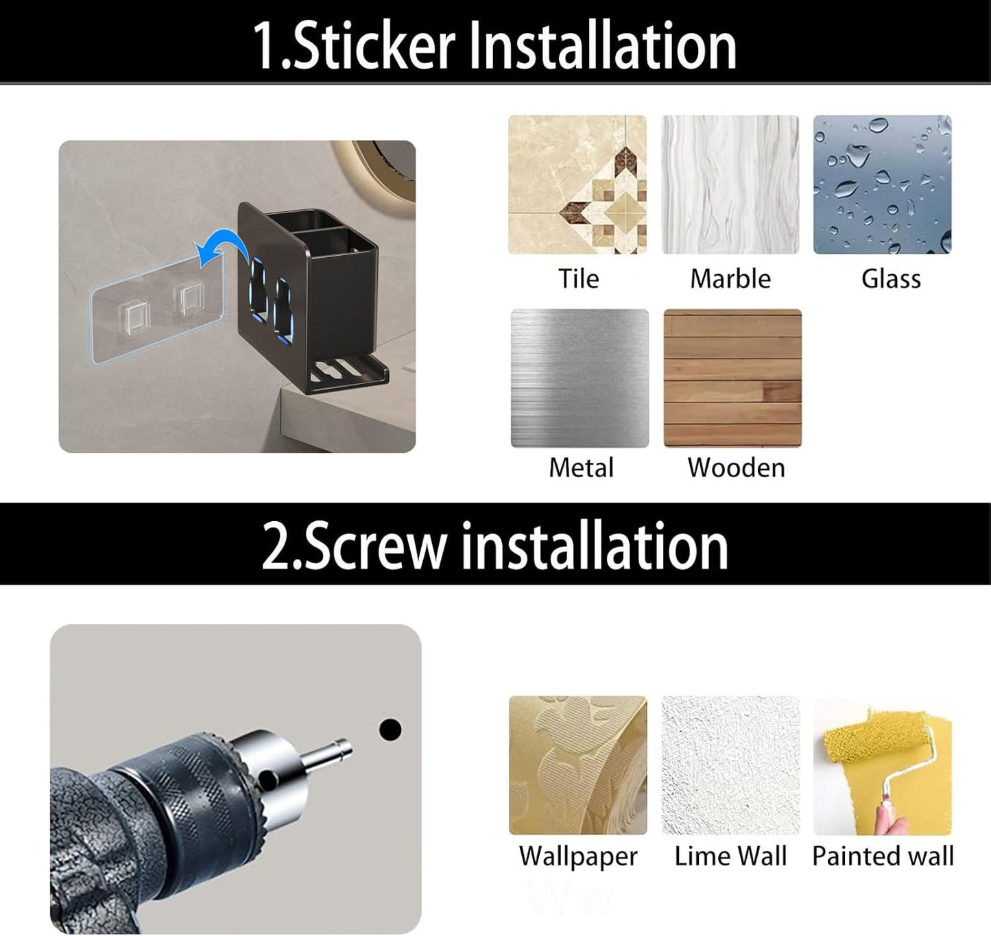 Black Wall-Mounted Toothbrush Holder, Aluminum Material Shower Shaver Storage Rack, No Drilling Required, Removable Toothpaste Storage Rack