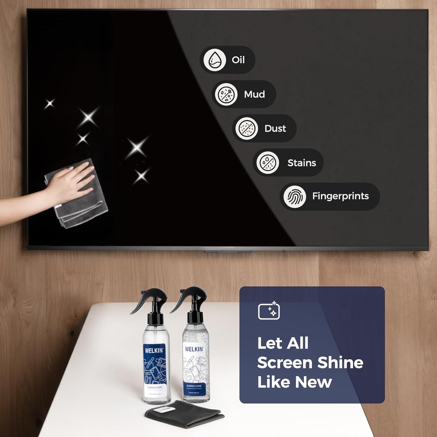 WELKIN Screen Cleaner Spray Kit (250ml + 250ml) - Cleaning Mist and Gel for TV, Laptop, Computer, Phone Touchscreen - 2 Sprayers, 1 Microfiber Cloth & 1 Glass Wipe Included