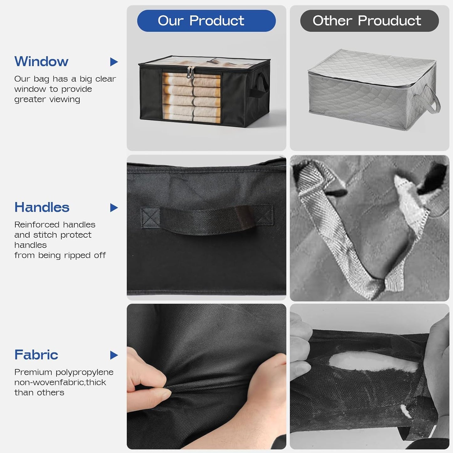 Clothes Storage Bags, Foldable Thick Fabric Blanket Storage Bags, Large Clear Window & Carry Handles, Great for Clothes, Blankets, Closets, Pillows, Toys (Black, 4PACK)