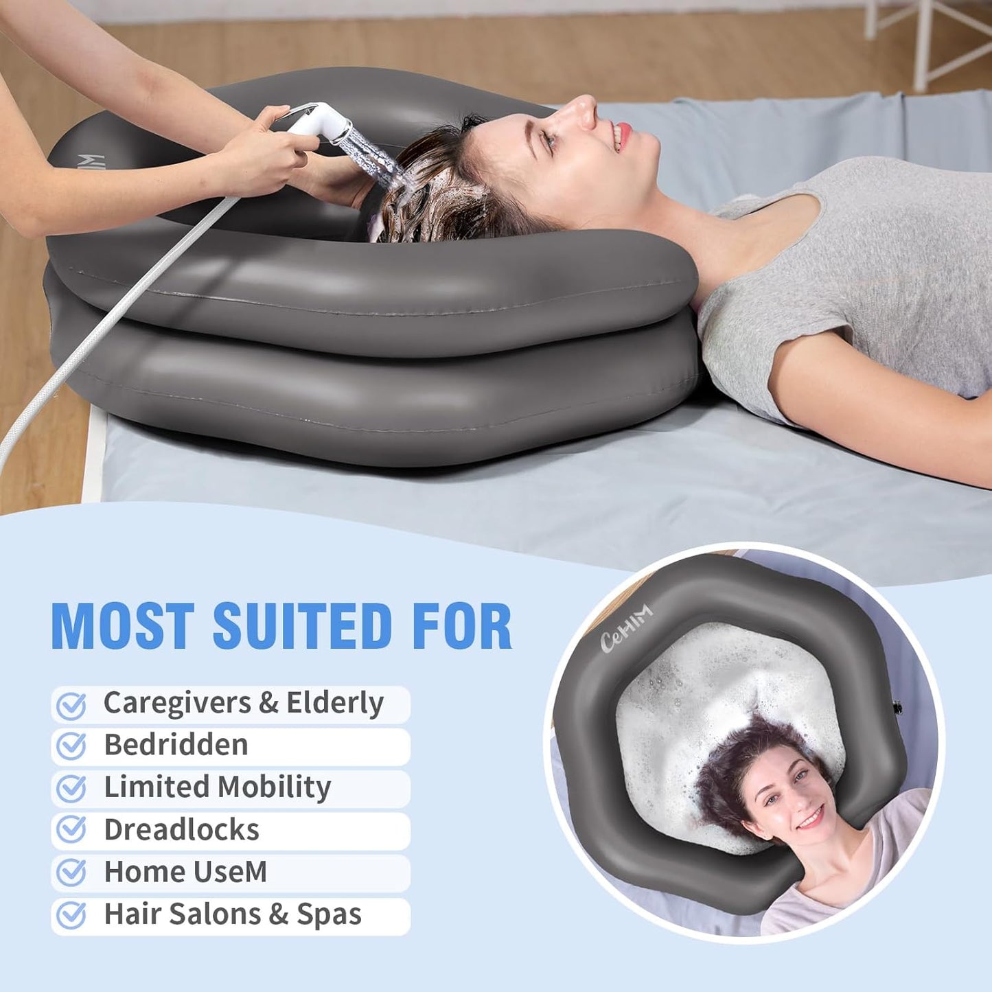 Inflatable Shampoo Basin for Bedridden, Elderly & Disabled - Petal-Shape Large Size, 360° Neck Support, Central Drain Hole with Pull Ring | Leak-Proof PVC Portable Hair Washing Bowl (Grey)