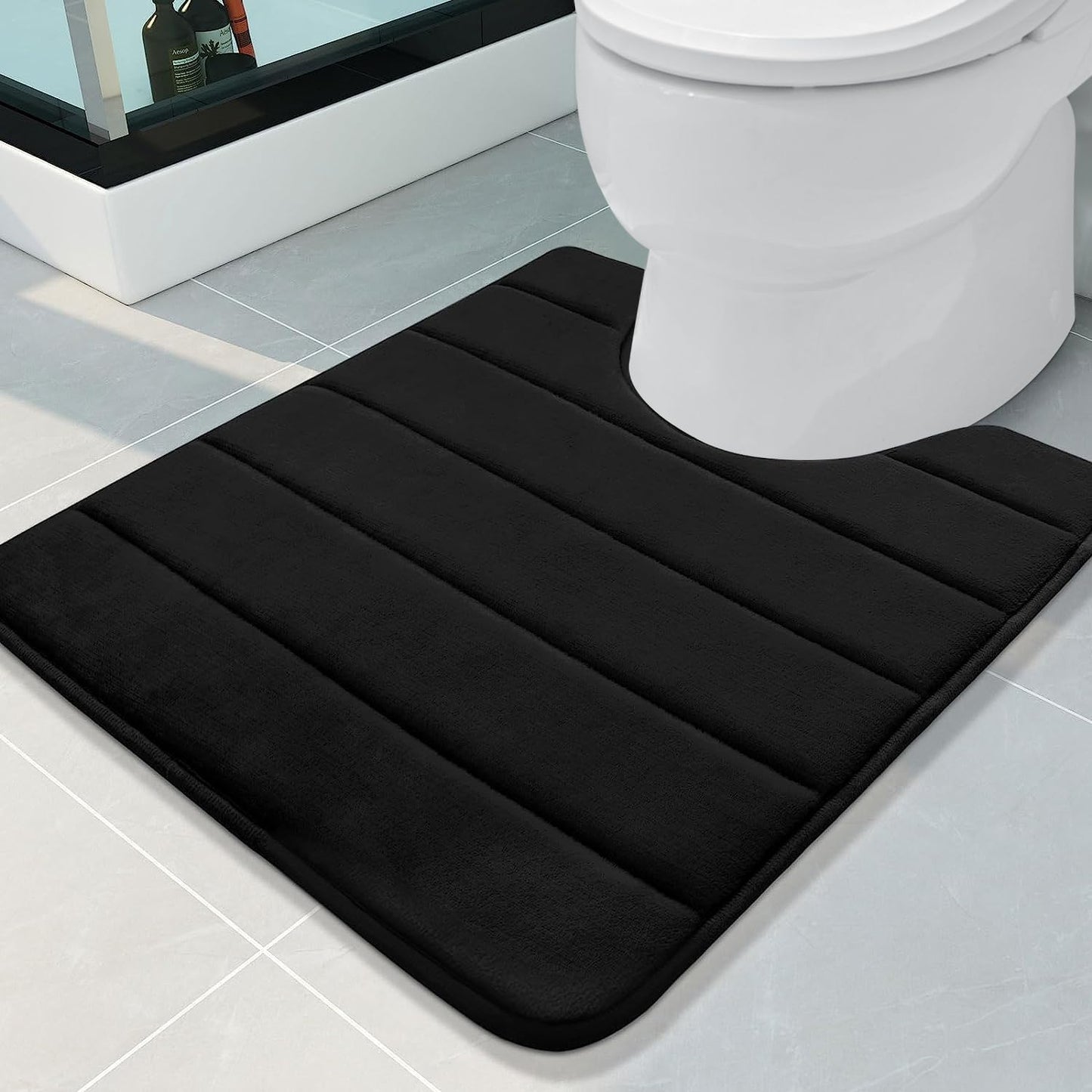 Buganda Memory Foam U-Shaped Contour Toilet Rugs, Non Slip Absorbent, Thick Soft Washable Bathroom Mat, Floor Carpet Bath Rugs Mat for Toilet Base (24" x 20", Black)