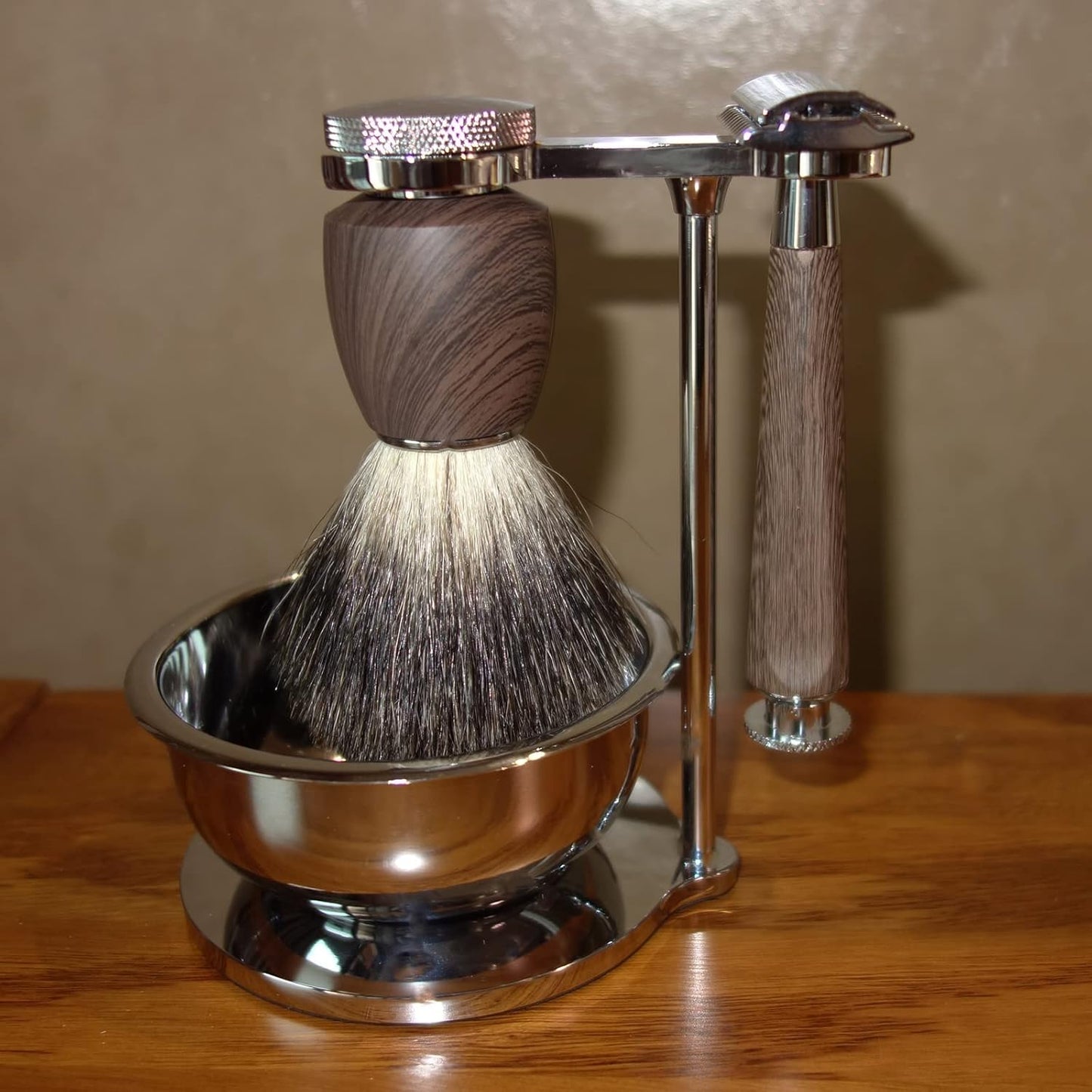 Professional Shaving Set for Men,Include Wet Shave Beard Safety Razor,10 Razor Blades,Rosewood Grain Handle Badger Hair Salon Shave Brush and Bowl Stand -Unique Gift for Father's Day