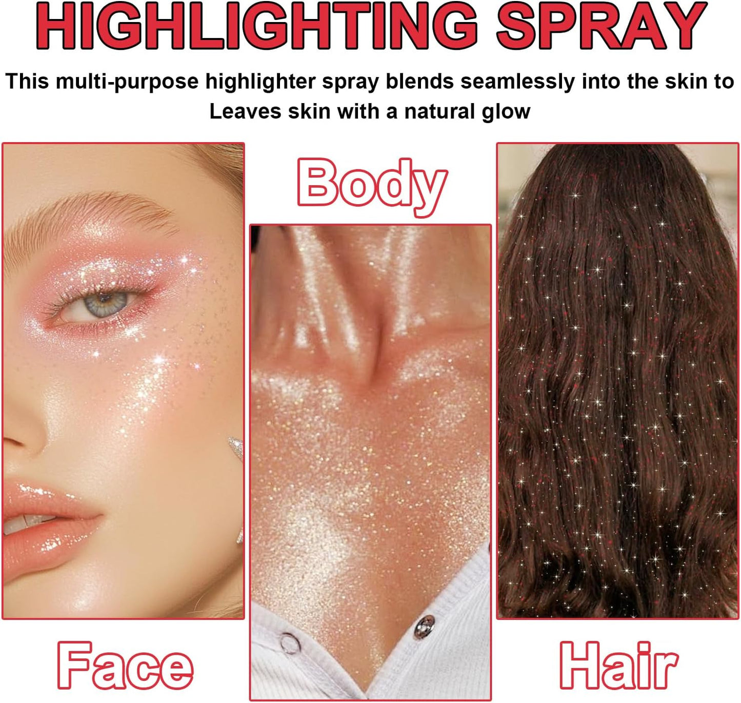 Hair and Body Glitter Spray, Shimmering Powder Sparkle Powder Makeup, Glitter Loose Sparkle Makeup for Body Highlighter,Festival Prom Rave Accessories (Red)