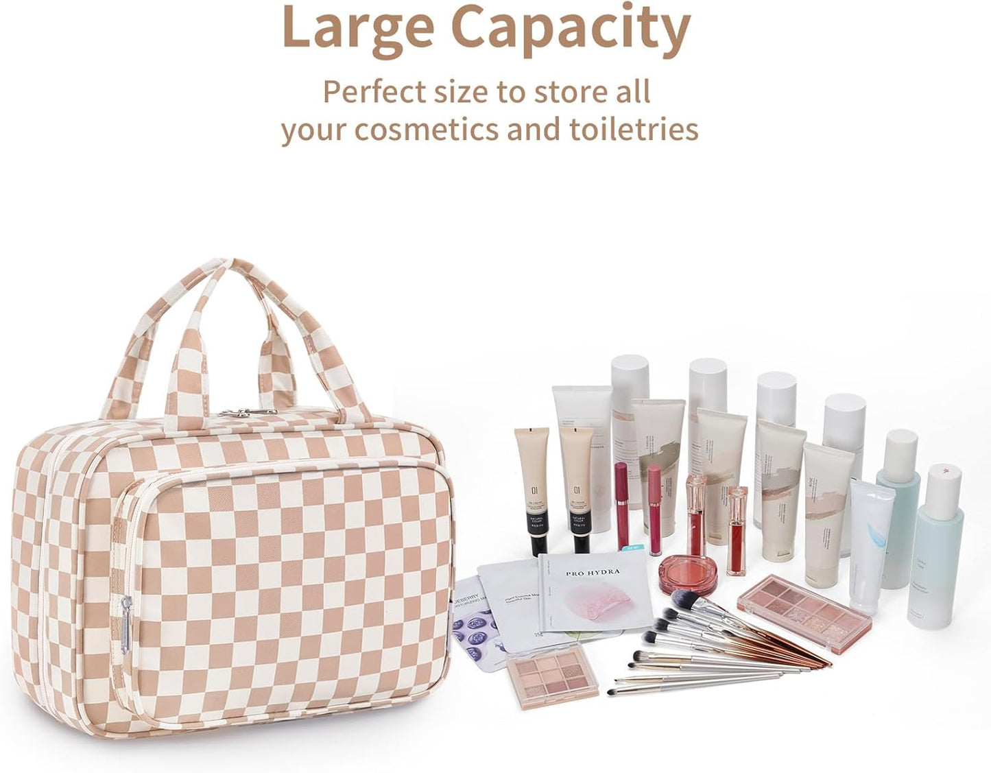 Travel Toiletry Bag for Women Large Hanging Makeup Bag Organizer Toiletries Bag for Full Size Essentials Accessories Cosmetics (Light Checkerboard (Large))