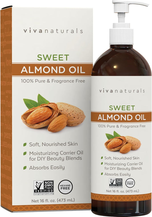 Viva Naturals Sweet Almond Oil for Skin - Body Oil, Hair Moisturizer and Relaxing Massage and Oil, Carrier Oil for Essential Oils Mixing, Non-Greasy Pure Sweet Almond Oil for Hair and Skin, 16 fl oz