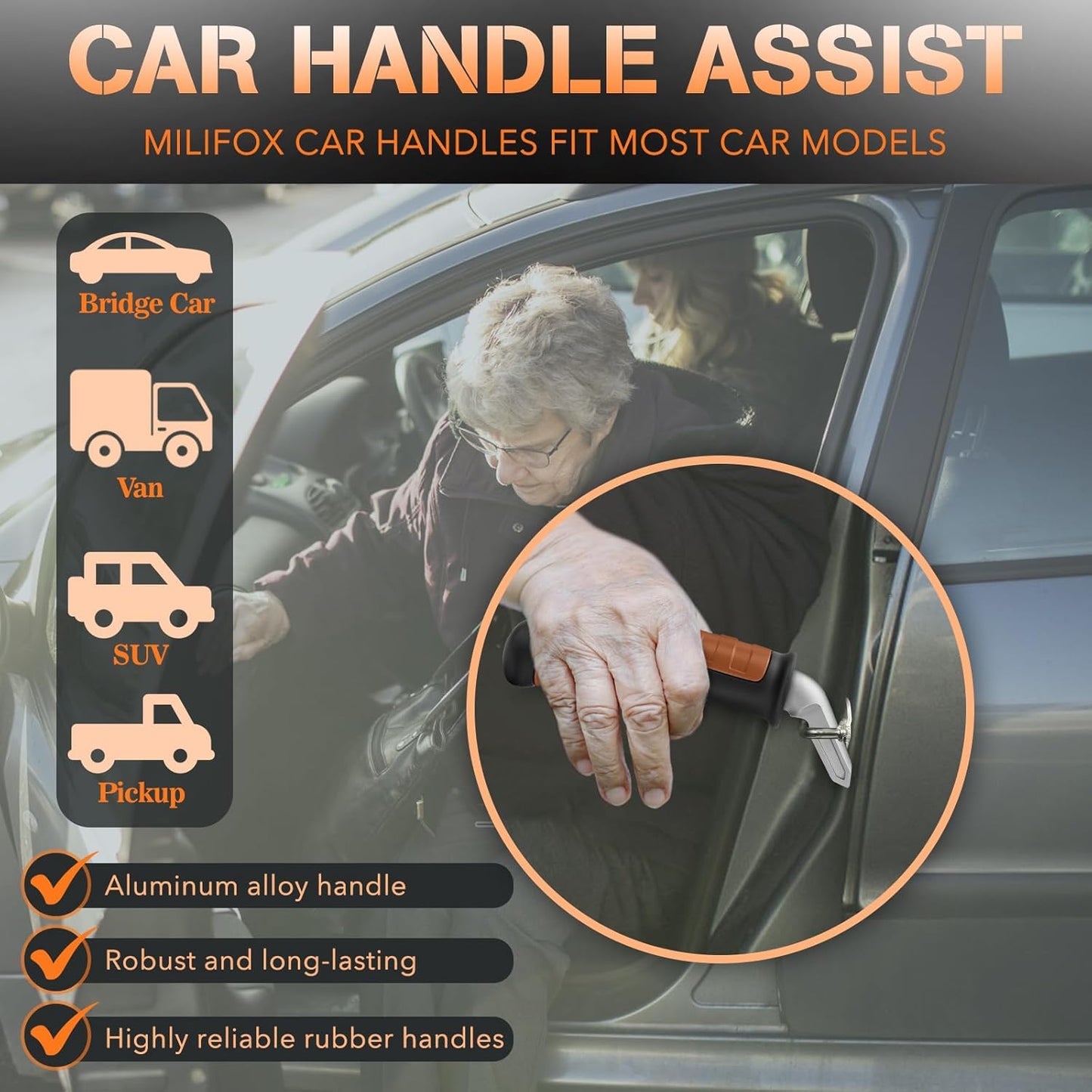 Car Door Handle for Elderly Car Handle Assist Support, Portable Auto Grab Handles for Handicap Seniors, Black and Orange