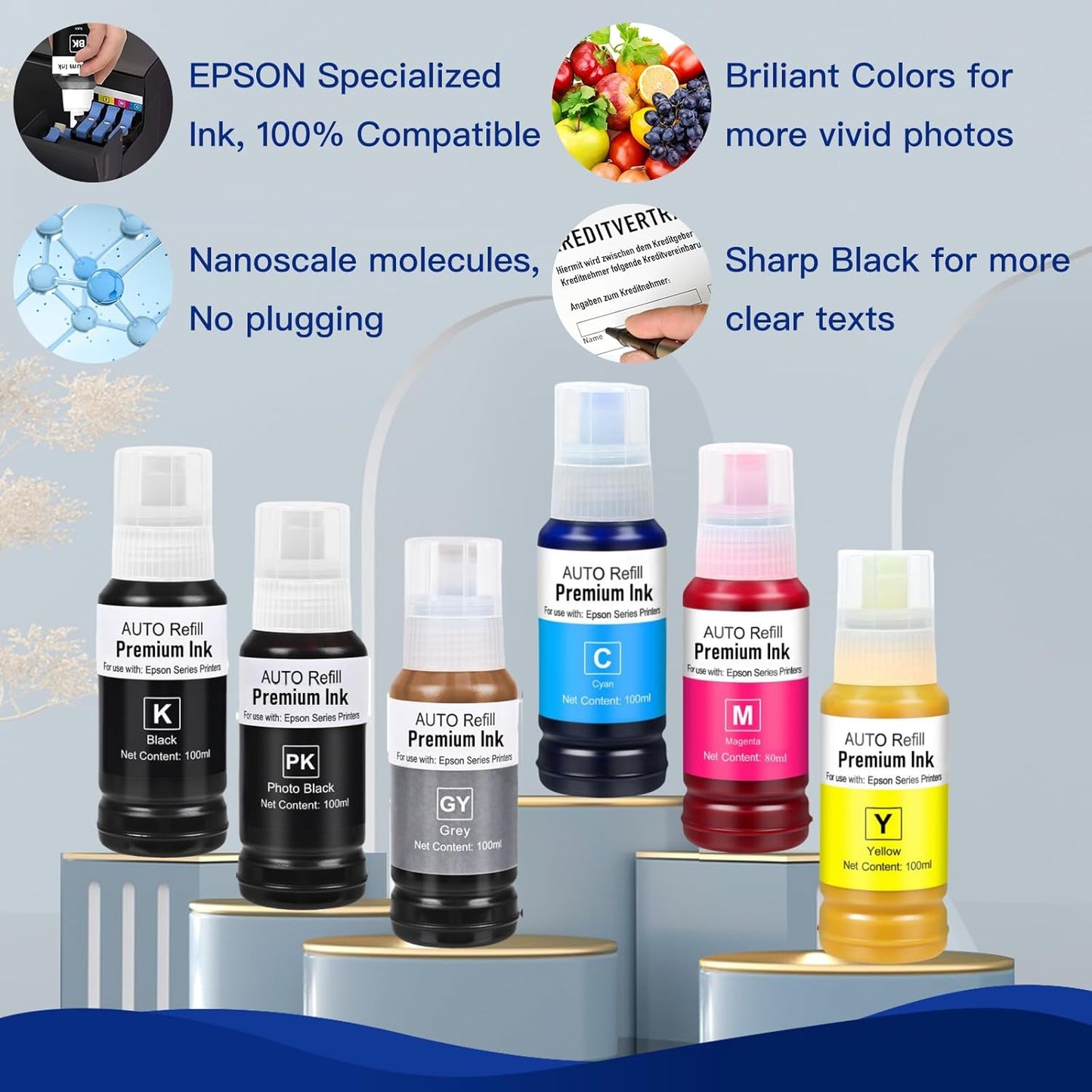 552 Ink Refill Bottles Use for EcoTank Photo ET-8550, EcoTank Photo ET-8500(BK PBK C M Y GY, 600ml)