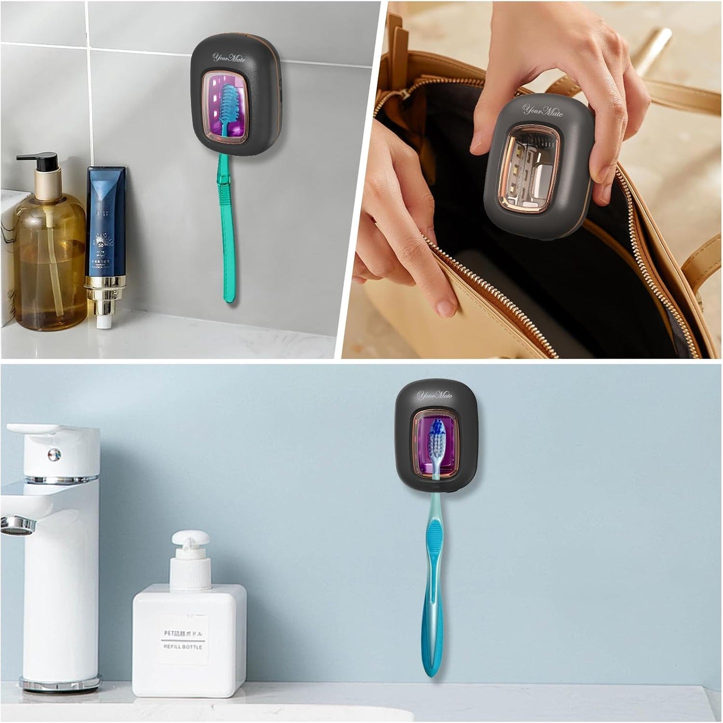 YourMate Rechargerable UVC Toothbrush Sanitizer Case Pro Compatible with Electric Toothbrush Heads/Regular Toothbrushes Travel Toothbrush Covers Case Magnetic Holder for Houshold/Traveling Black
