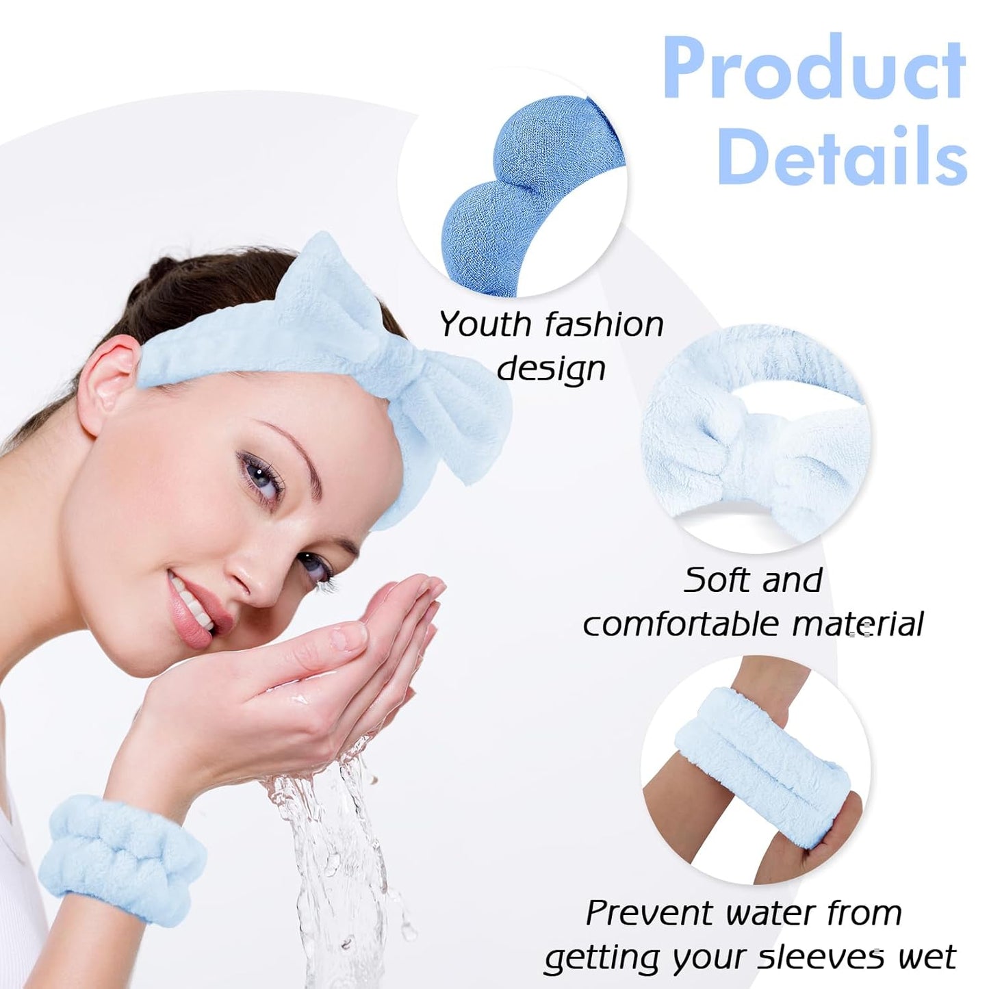 Zkptops 6Pcs Spa Headband for Washing Face Wristbands Set Women Bubble Skincare Makeup Sponge Terry Cloth Padded Puffy Headband Bow Tie Hairband Cute Non Slip Thick Hair Accessory Gifts(Dark Blue)