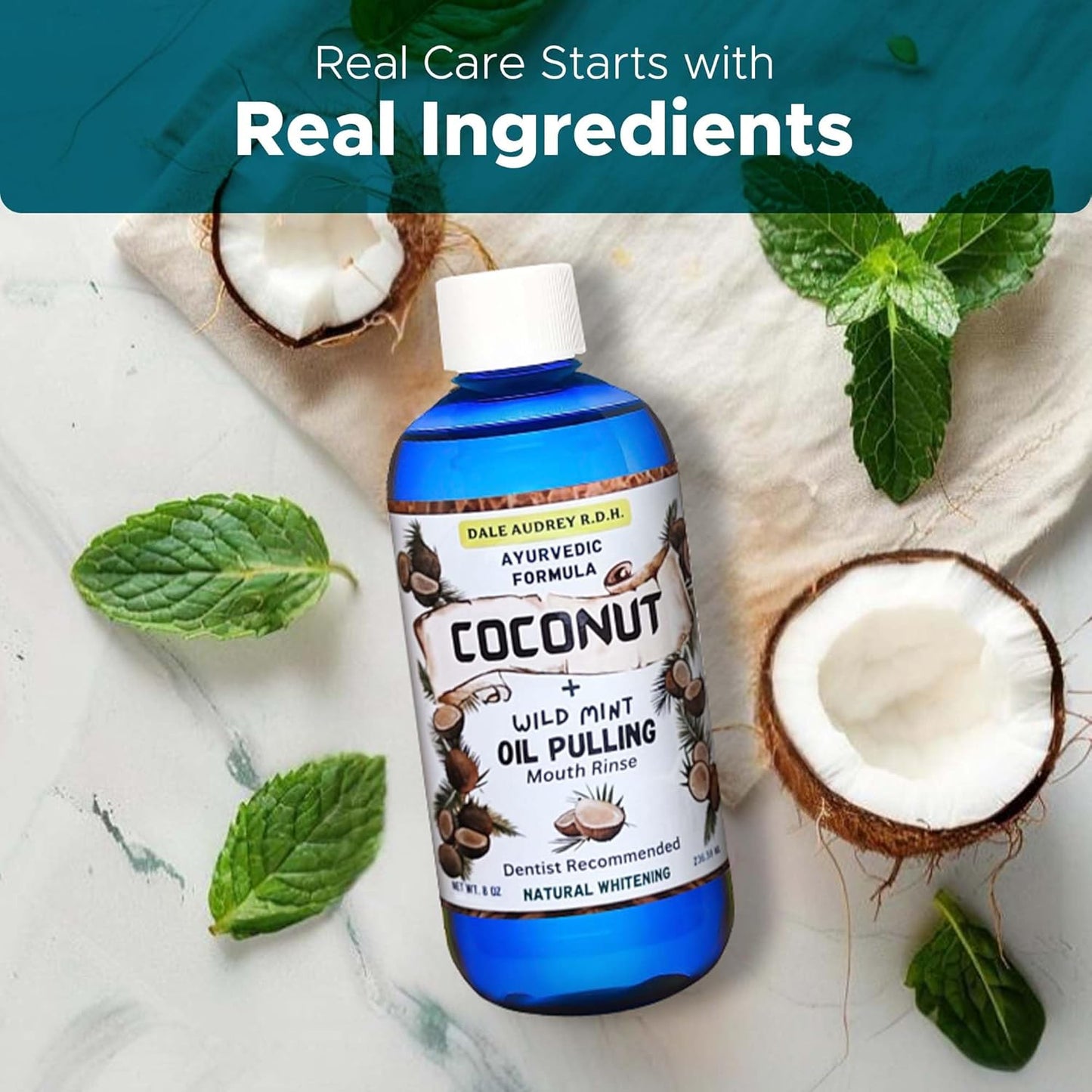 Coconut Oil Pulling for Teeth and Gums, Alcohol & Fluoride-Free Organic Pulling Oil, Oil Pulling Mouthwash Oral Health Rinse for Fresh Breath & Gum Care, Whitening Mouthwash Removes Bad Breath-8 FL Oz