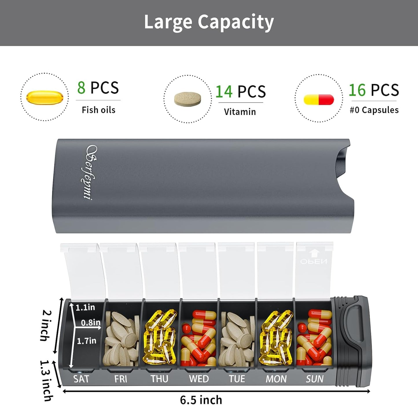 Metal Weekly Pill Organizer, Serfeymi Aluminum Daily Pill Box(Spare Gasket Provided),7 Day Pill Case Travel Medicine Organizer,Pill Containers with Individual Lid for Vitamins,Pills, Supplement-Gray