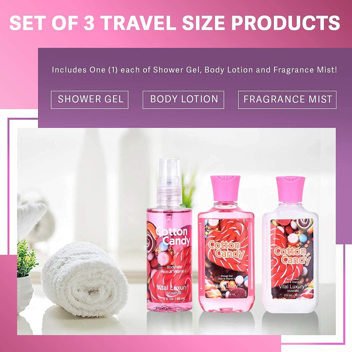 Bath and Body Gift Set - Cotton Candy Scented 3-Piece Travel Size Collection-3 Fl Oz , Shower Gel, Body Lotion, Body Mist, Compact & Lightweight, Ideal for Gifts, Travel, or Daily Skincare Routine