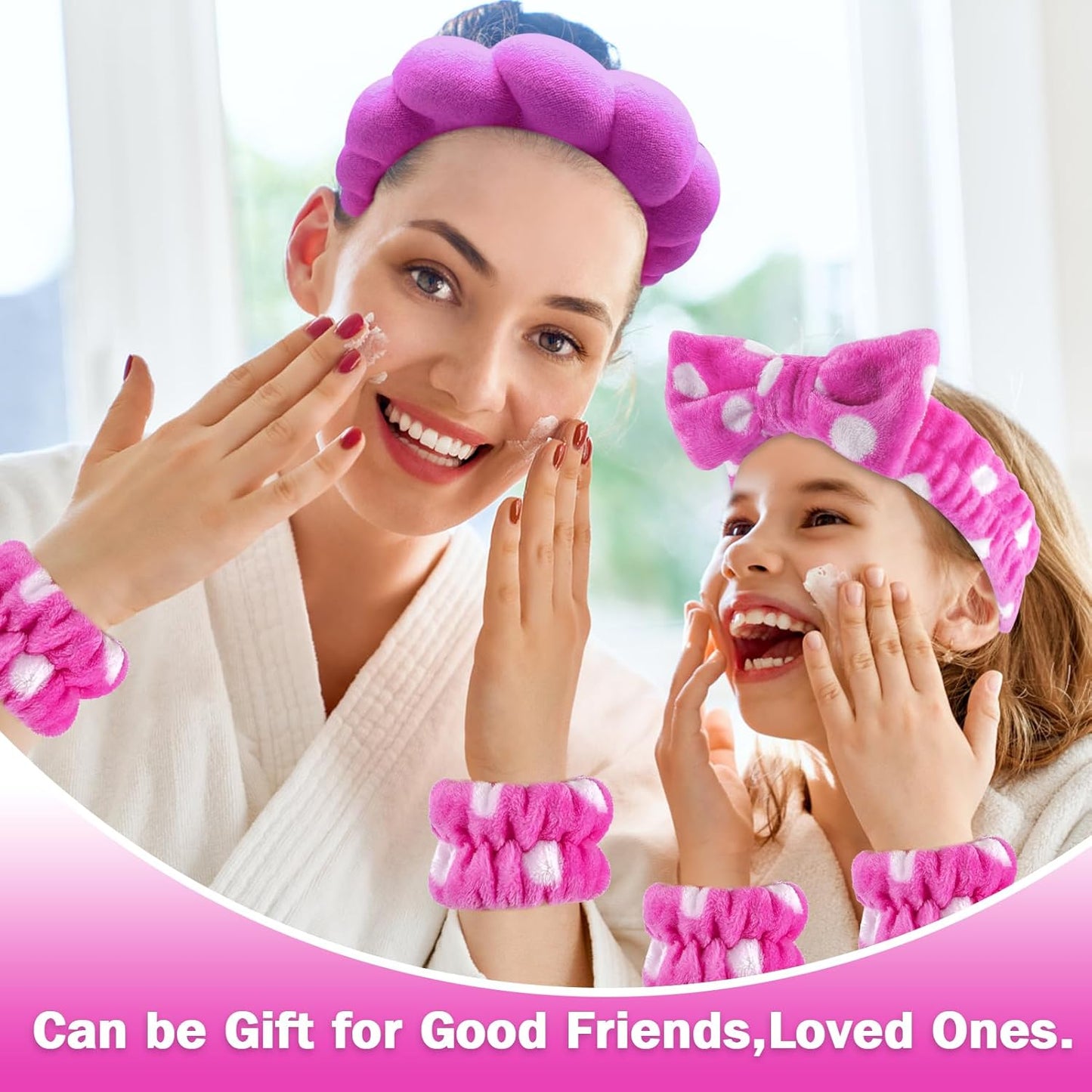 Zkptops 6Pcs Spa Headband for Washing Face Wristbands Set Women Bubble Skincare Makeup Sponge Terry Cloth Padded Puffy Headband Bow Tie Hairband Cute Non Slip Thick Hair Accessory Gifts(Dark Purple)