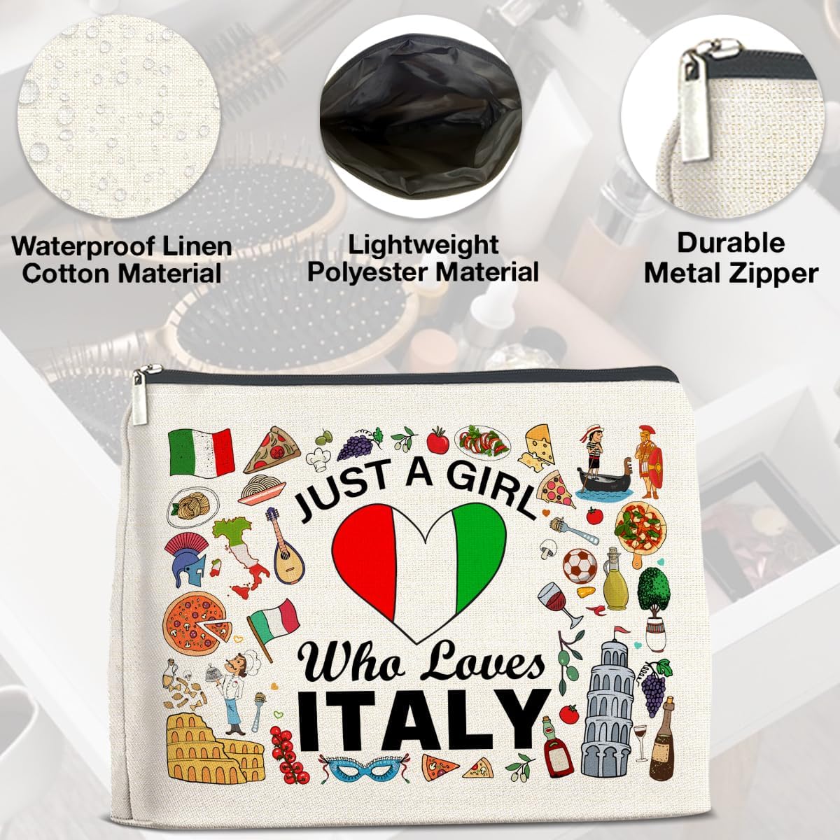Italian Lover Makeup Bag Gifts for Women, Italy Travel Lover Gifts Italy Themed Gift Cosmetic Bag Zipper Makeup Pouch