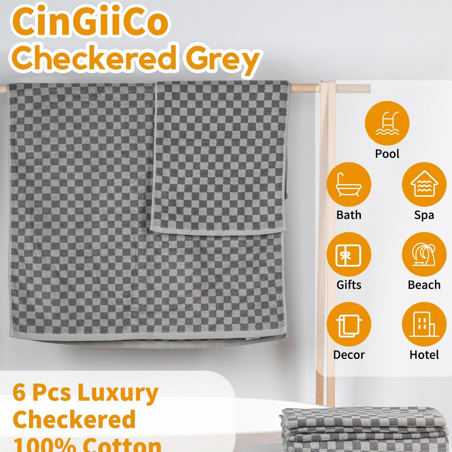 Checkered Bath Towels Set of 6 Large, 520GSM, 100% Cotton Shower Towels * 2 (55.12"*27.56"), Hand Towels * 4 (29.52"*13.77"),Towels for Bathroom、Pool、Hotel, Spa, Soft Absorbent(Grey)