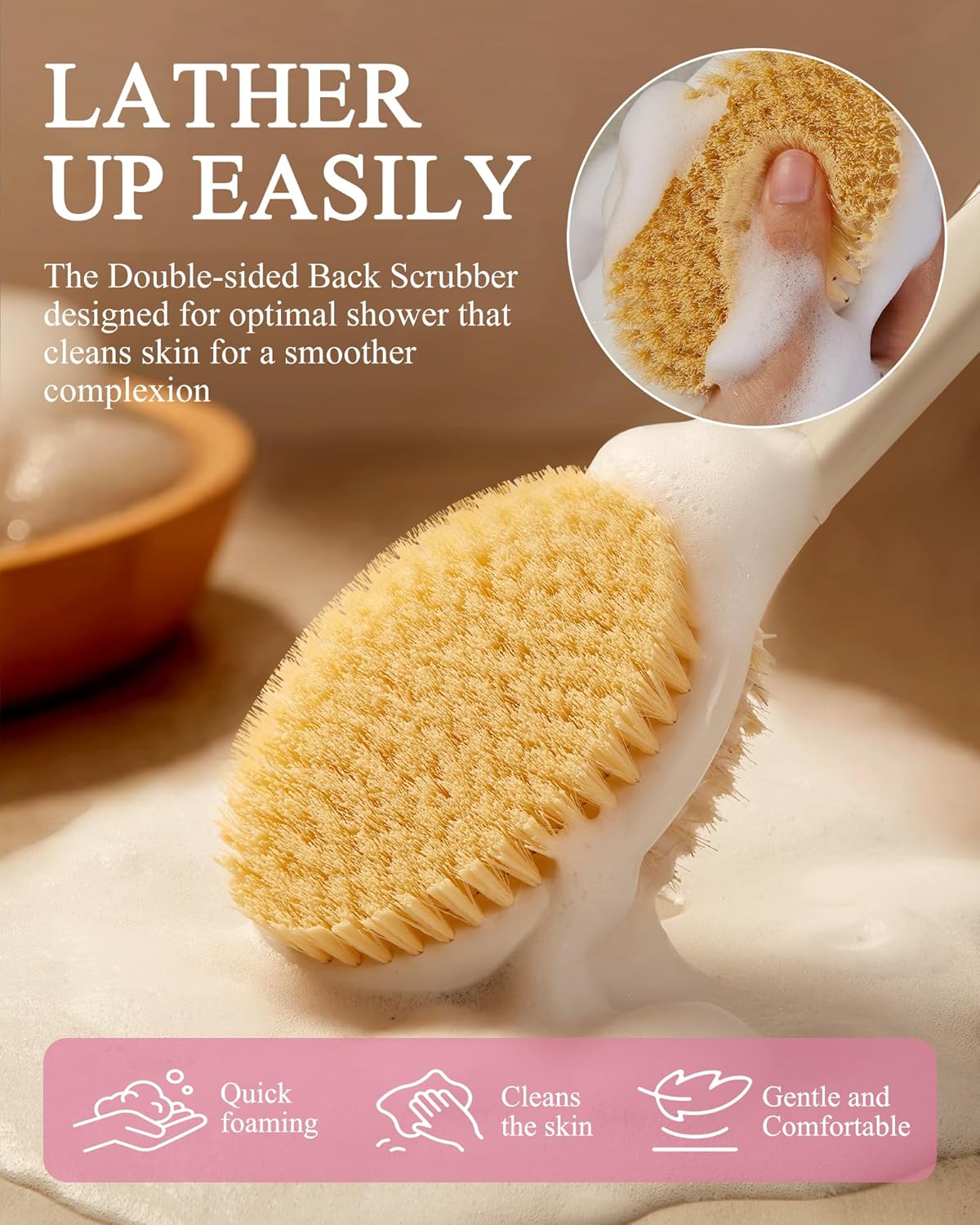 Shower Brush for Massage Dry Brushing: Back Scrubber for Shower with 18.1 in Anti Slip Long Handle - Bath Body Brush for Lymphatic Drainage, Exfoliator Improving Skin Health for Women Men Elderly Pink