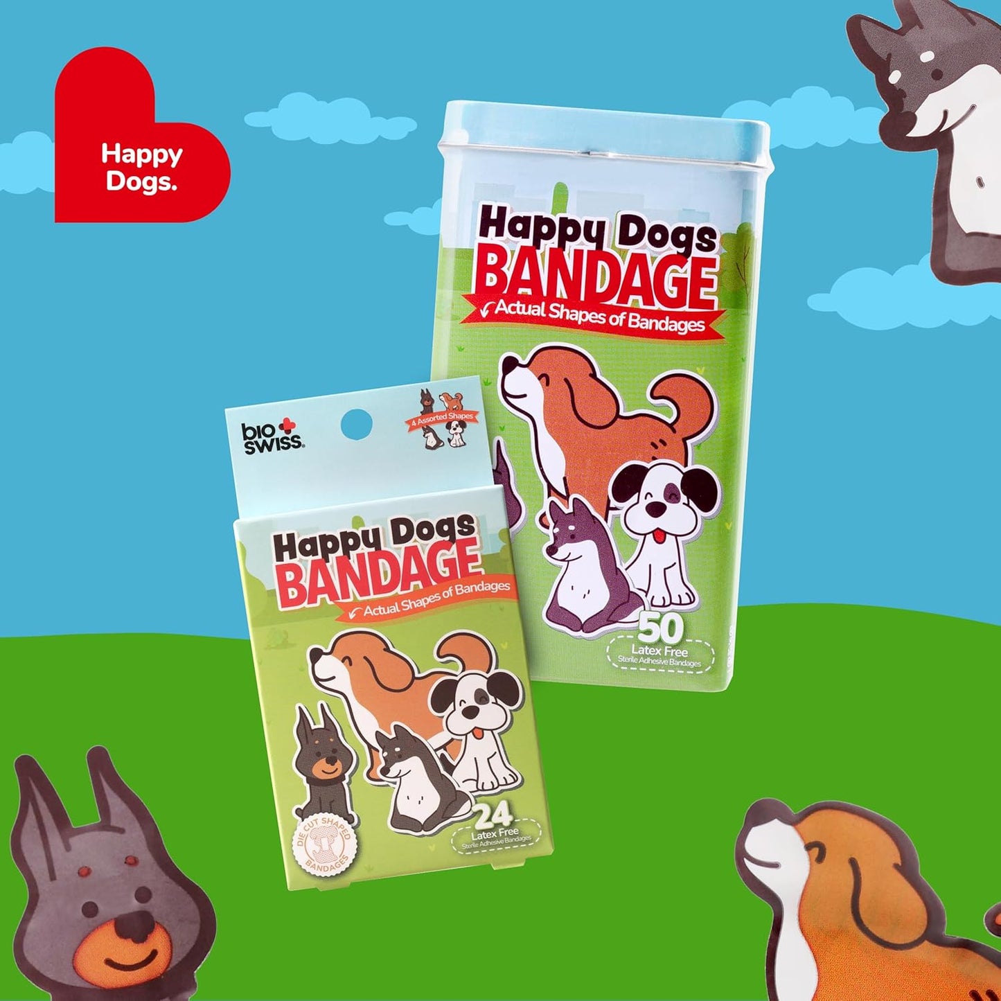 BioSwiss Kids Bandages, Happy Dog Shaped Self Adhesive Bandage Set, Latex Free, Sterile Wound Care, 50 Count