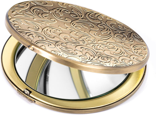 Portable Compact Metal Folding Makeup Mirrors, Beautiful and Elegant,1X/2X Magnifier. (Bronze)