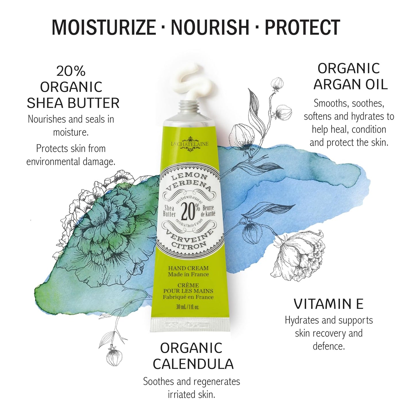 La Chatelaine 20% Shea Butter Hand Cream Travel Size, Organic Argan Oil, Moisturizing, Nourishing, Repairing, Extra-Rich Hand Lotion, Made in France, Paraben Free, 1 oz / 30ml (Lemon Verbena)