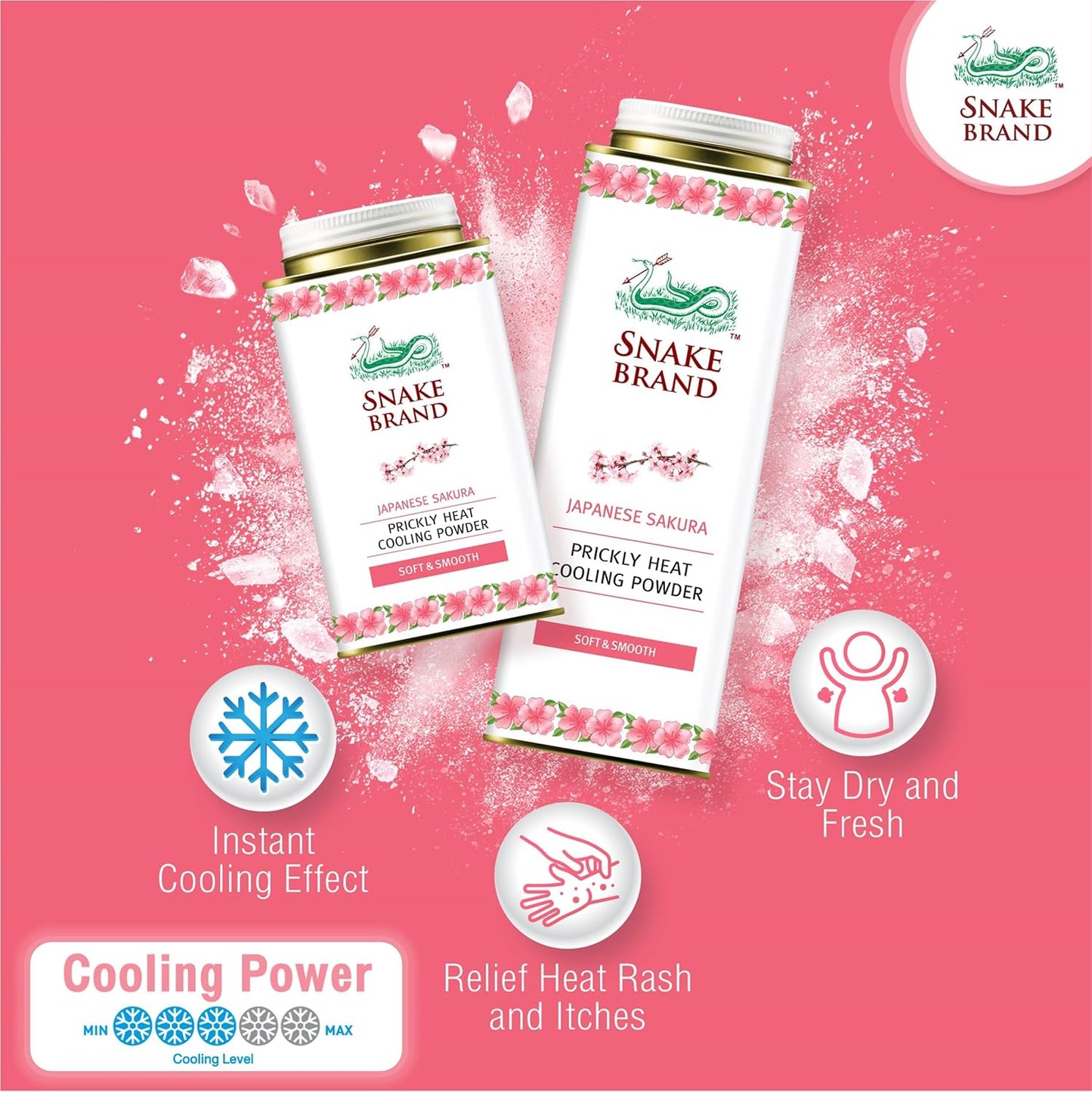 Snake Brand Prickly Heat Cooling Powder for Everyday Use - Anti-Chafing, Heat Rash Relief, Soft Sakura Scent (9.9 Oz / 280g)