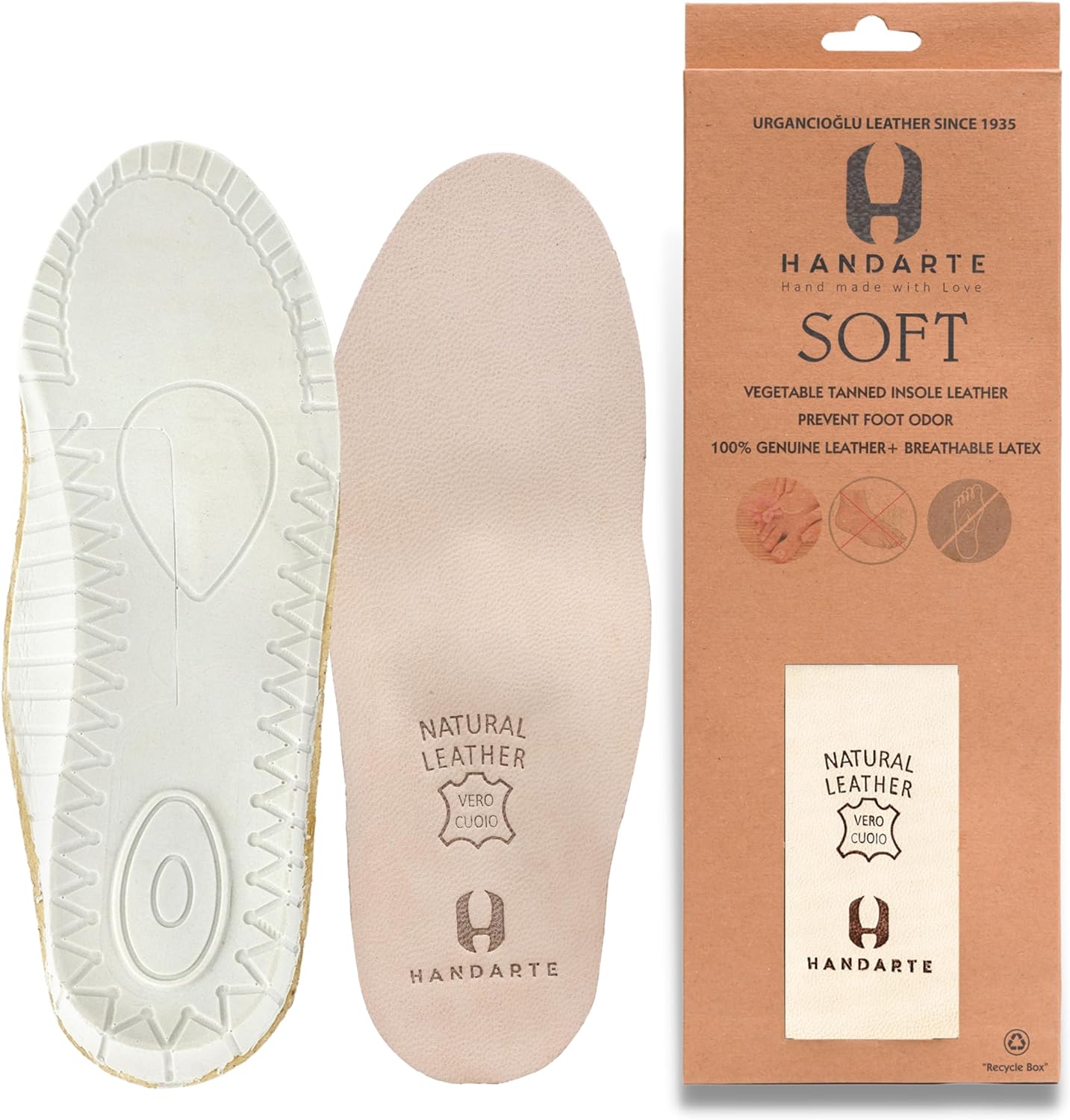 HANDARTE Leather Orthopedic Insoles | Padded Comfort Shoe Inserts for Women | 100% Natural Goatskin - ChromeFree, Anti Sweat & Anti-Odor - Suitable for No-Socks (US W5.5/6 | EU36)
