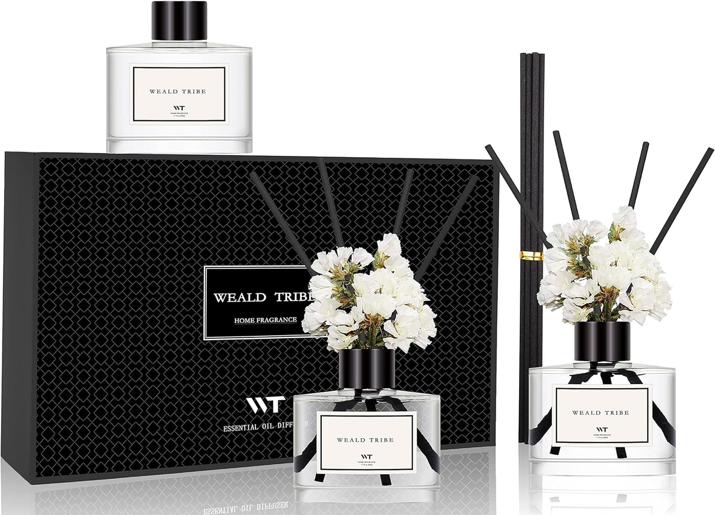 WEALD TRIBE Real Flower Reed Diffuser Set of 3 for Bathroom Air Fresheners, Oil Defusers | Fresh Linen/Ocean/Eucalyptus & Mint Scent(1.7 fl oz Each Pack) Home Fragrance with 12 Stick | Shelf Decor