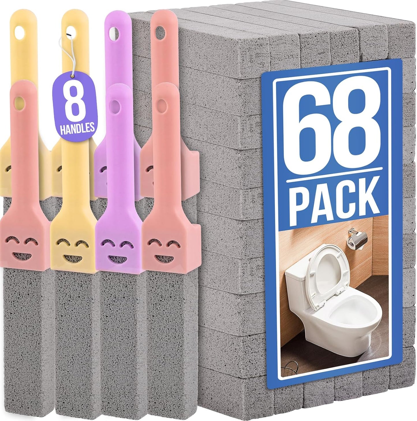 Navona 68 Pack Pumice Stone Scouring Sticks with 8 Universal Handles, Grey Pumice Cleaner for Toilets, Bathrooms & Multi-Surface Hard Water Stain and Limescale Removal