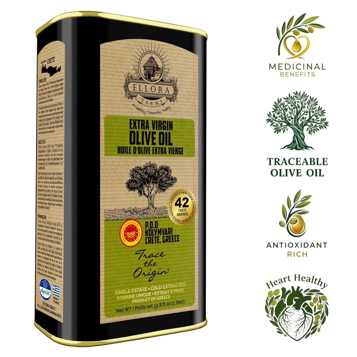 Ellora Farms Olive Oil Extra Virgin, Certified PDO Polyphenol Rich Extra Virgin Olive Oil Cold Pressed & Traceable, Global Gold Awards EVOO, Kosher, Single Origin, Crete, Greece 33.8 Fl oz (1 Ltr)