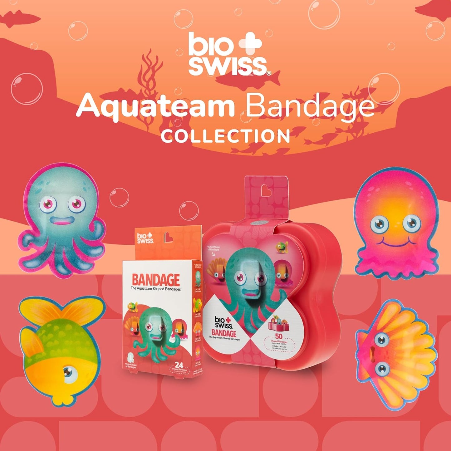 BioSwiss Kids Bandages, Aquateam Sea Creatures Shaped Self Adhesive Bandage Set, Latex Free, Sterile Wound Care, 50 Count