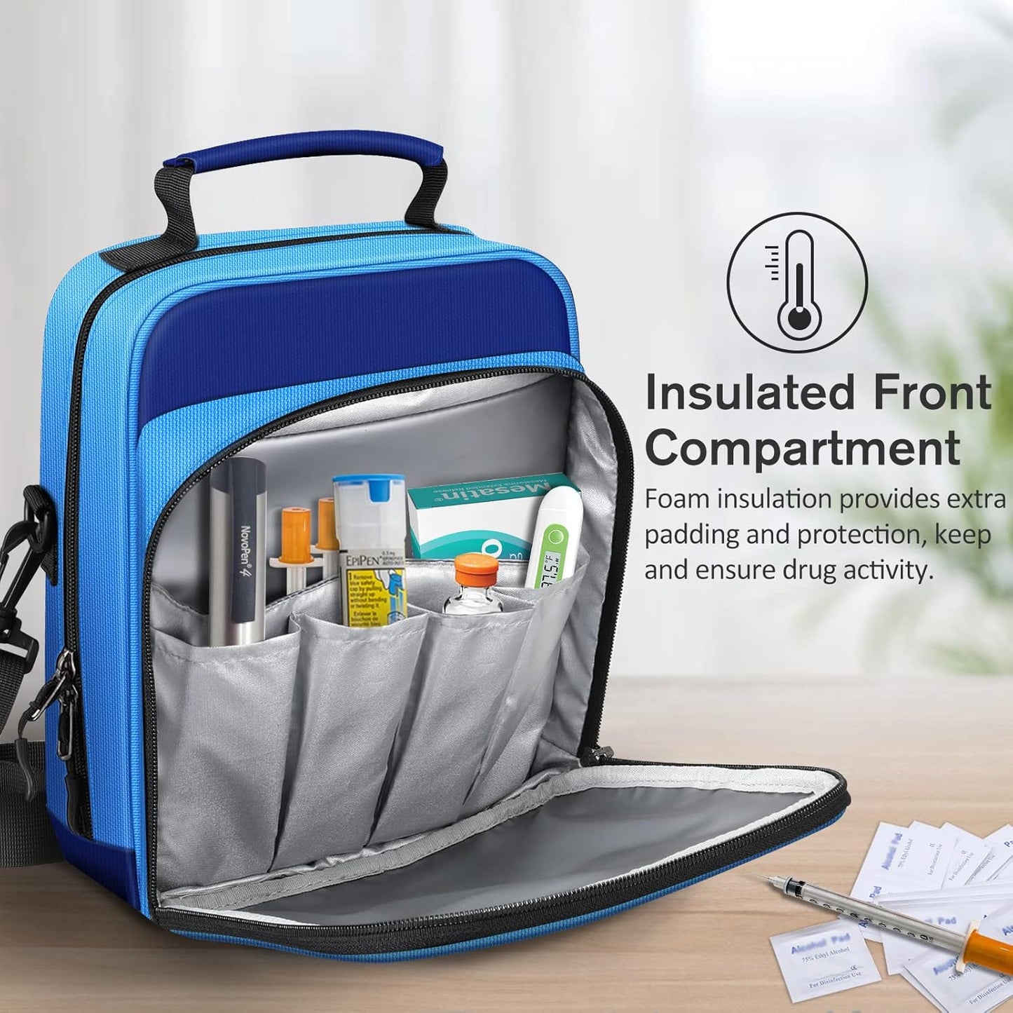 Insulin Cooler EpiPen Carrying Case Insulated, Travel Medication Diabetes Supplies Organizer Bag with Shoulder Strap for Asthma Inhaler, Auvi-Q, Allergy Medicine Essentials (Blue)