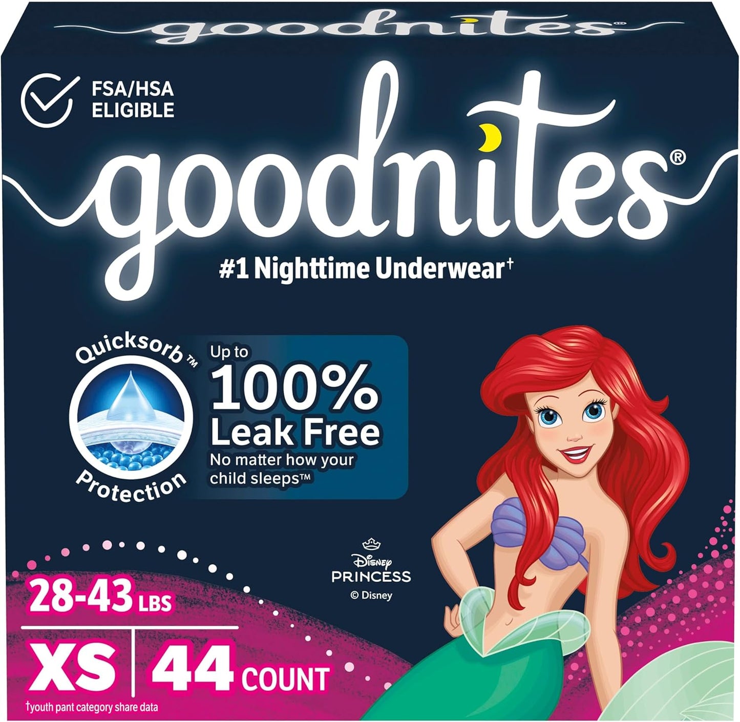 Goodnites Girls' Nighttime Bedwetting Underwear, Size Extra Small (28-43 lbs), 44 Ct (2 Packs of 22), Packaging May Vary