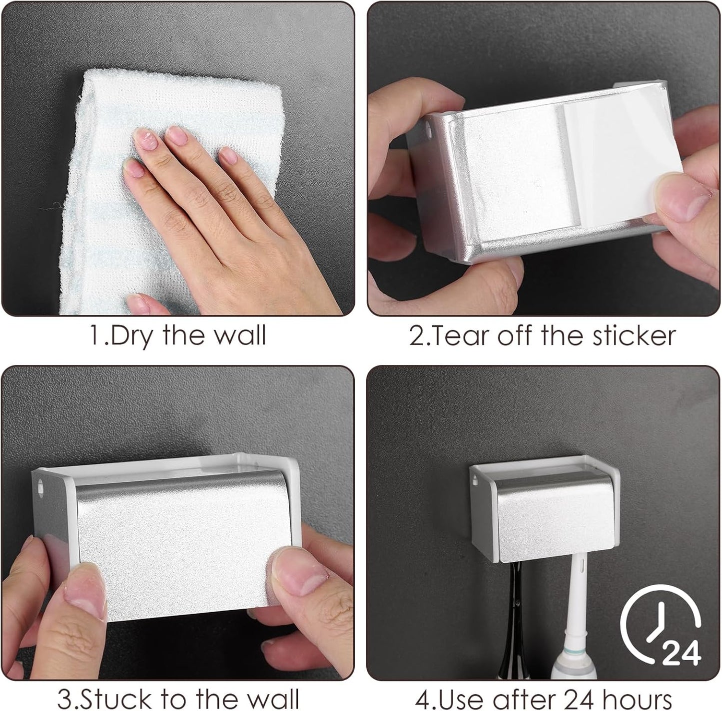 Toothbrush Holder Wall Mounted with Cover for Bathroom, 2 Slots Toothbrush Storage Organizer for Shower, Self Adhesive Toothbrush Hanger Rack for Dorm, Cabinet (Silver)